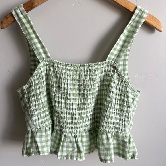 American Eagle 2 Piece Crop Top Flowy Pants Large Green Lined Gingham Hippie - Picture 3 of 16